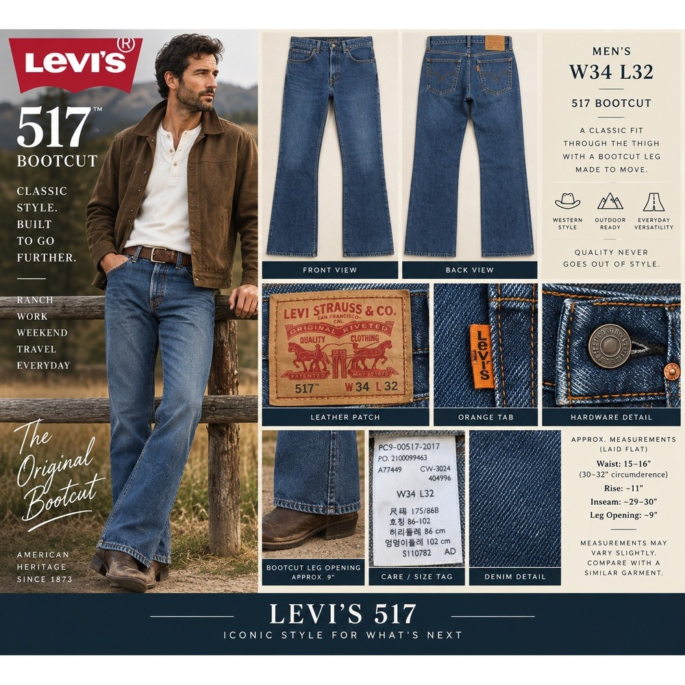 Levis 517 Jeans Mens 34x32 Bootcut Medium Wash Orange Tab Style Western Cowboy